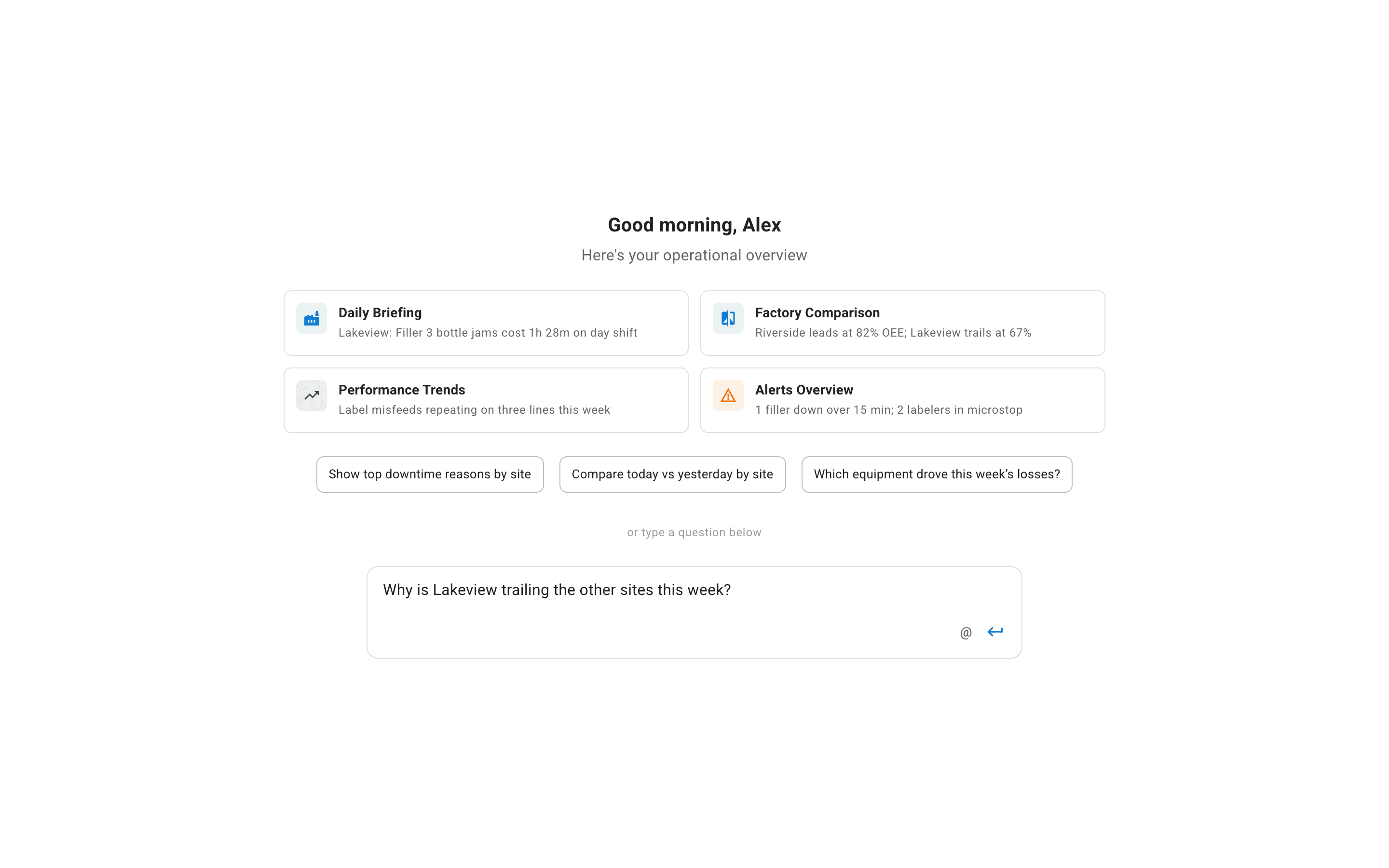 MAJiK AI operational overview with a daily briefing, factory comparison, performance trends, and alerts