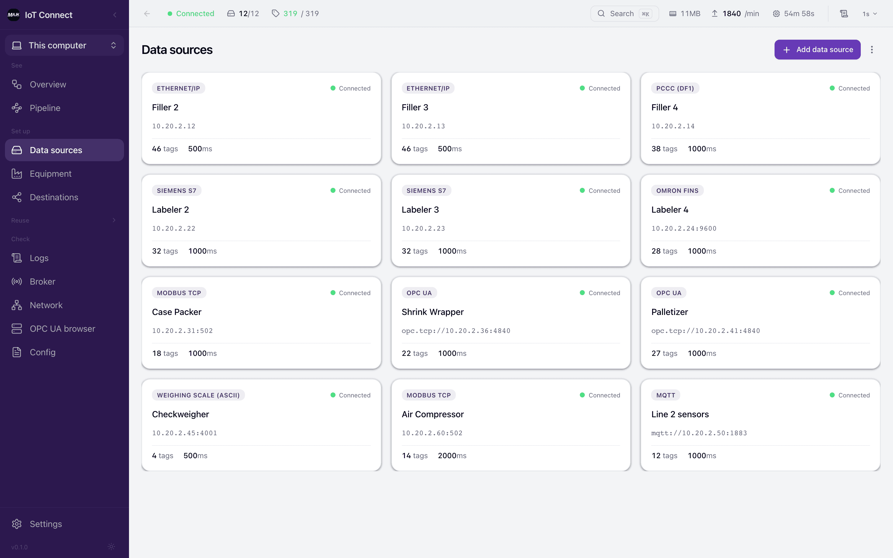 MAJiK IoT Connect data sources: twelve controllers on a bottling line across EtherNet/IP, PCCC, Siemens S7, Omron FINS, Modbus TCP, OPC UA, a weighing scale, and MQTT, all connected